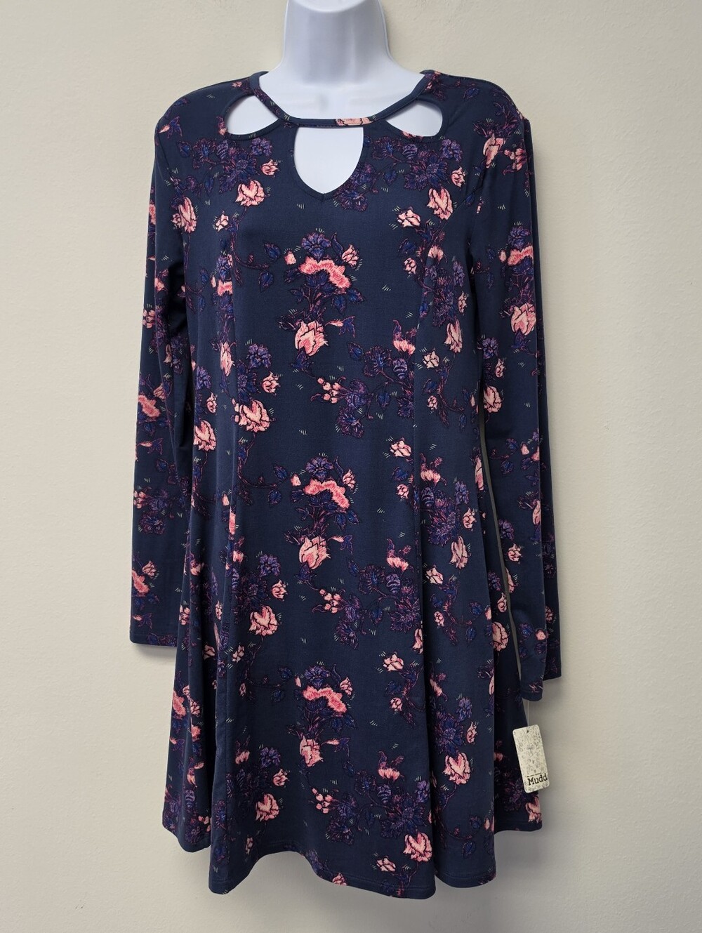 Mudd Floral Keyhole Fit Flare Long Sleeve Dress Navy Blue L